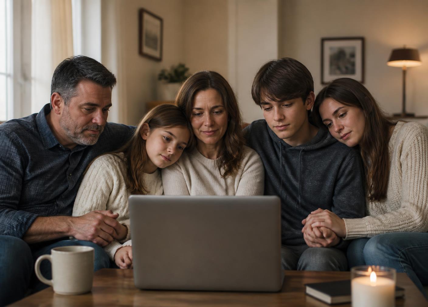 A family gathered around a laptop watching a live memorial service together at home